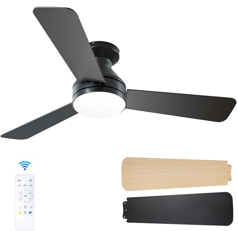 Passky Deckenventilator mit Beleuchtung Fernbedienung107cm Schwarz | 3 Flügeln LED Leiser DC-Motor Timer 3 Farbtemperaturen 6 Geschwindigkeiten Umkehrbar Sommer Winter Wohnzimmer Schlafzimmer