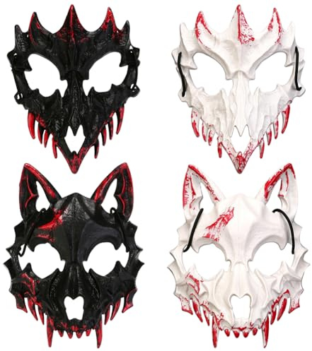 PDXVDP Halloween Maske,Schwarze Halloween Halbmaske 4pcs Set, Blutfleck Werwolf und Tiger Maske mit Horror-Effekt, Grusel Kostüm Zubehör für Karneval und Cosplay