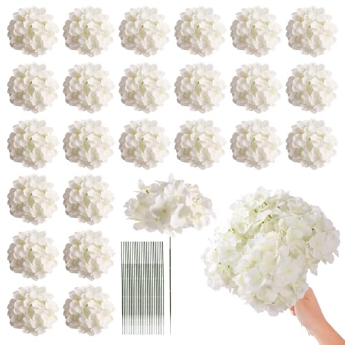 Tifuly 24 Pcs White Hydrangea Artificial Flowers Bulk, Faux Hydrangea Full Flowers Heads with Stems, Fake Silk Flowers for Wedding, Garden, Home, Party Decoration