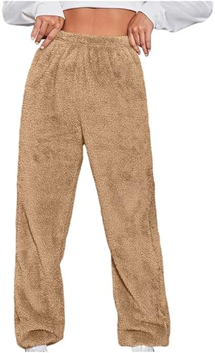 Pantalon en polaire pour femme - Grande taille, taille élastique, jambe droite, uni, baggy, revers, thermique, épais, hiver, vêtements de détente, vêtements de nuit, bas de pyjama moelleux, B Coffee