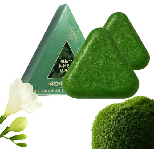 Green Soap, Shampoo Bar, Natural Usman Grass Acqua di Riso Adesivo Solido, Platycladus Orientalis, Foglie di sapone, Glutinous Rice Water Solid Shampoo Bar for Hair (2 pezzi)