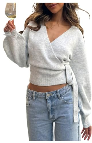 MakeMeChic Women's Cropped Sweaters Spring Wrap Sweater V Neck Tie Front Long Sleeve Knit Tops Light Grey Medium