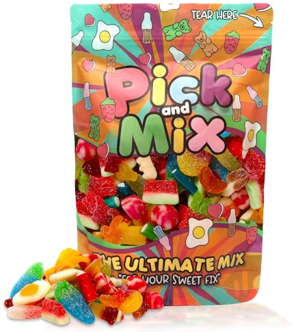 Pick & Mix Sweets – Large 1 Litre Mix Sweets Bag – Retro Fizzy & Gummy Sweet Assortment Pouch for Kids & Adults – Gift Treat Bag Chewy Jelly Mix