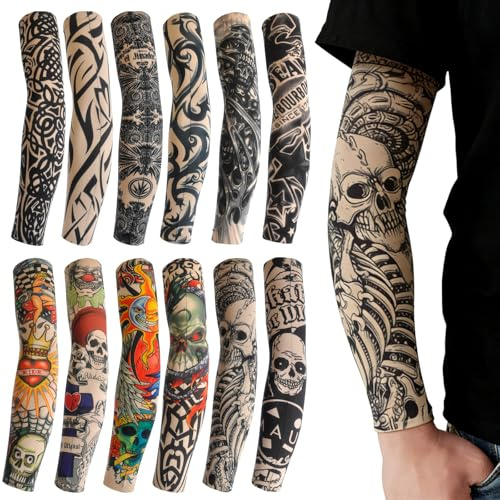 Amazleer Tattoo Ärmel Set, 12 Stück Gefälschte Sonnencreme Armlinge, Nylon Armstrumpf für Karneval, Temporäre Tätowierung Sonnenschutz