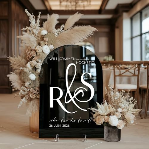 Willkommensschild Hochzeit personalisiert Acrylglas Schwarz Hochglanz – elegante Deko für Empfang, Party & Events – Made in Germany