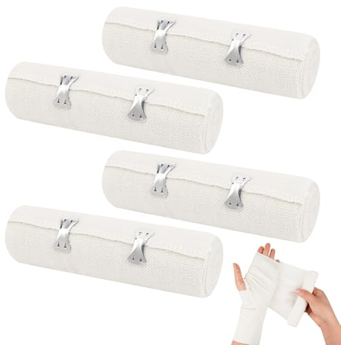 Bandage Élastique en Fibre Extensible, avec pinces métalliques incluses – pour Bras, Poignet, Poitrine, Jambes, Genoux, Pieds (15cm x 4.5m x 4)