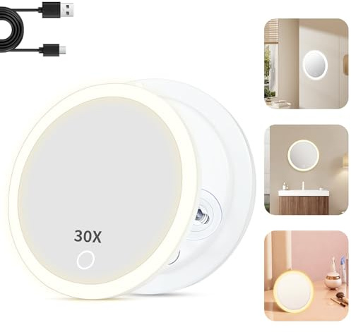 Alaoo Compact Suction Cup Makeup Mirror, 30X Makeup Mirror with Light, Folding Dimmable Touch Screen Mirrors, Rechargeable 3 Colors Modes and Adjustable Brightness for Bathroom Travel