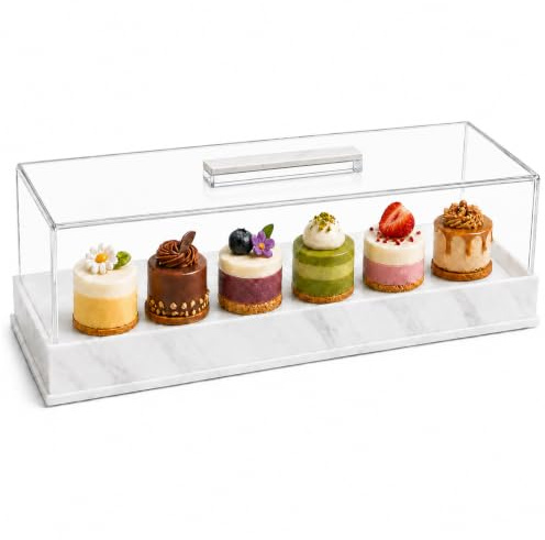 Acrylic Cake Stand with Lid, Cake Display Case, Marble Tray | Covered cake tray for pastries, cupcakes, biscuits, desserts, buffet tables, afternoon tea and countertop display.