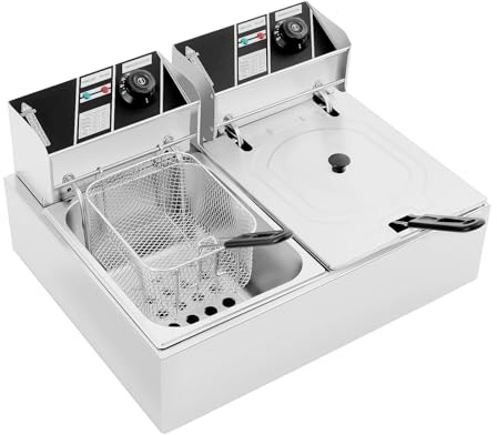 Freidora eléctrica Commercial de 12 litros (2 x 6 L), 5000 W (2,5 kW + 2,5 KW), acero inoxidable, doble freidora con zona fría, termostato 60 – 200 °C, enchufe de la UE para restaurante y aperitivo