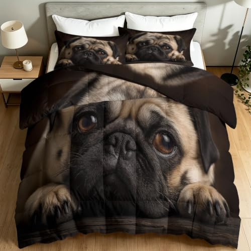 Générique Couette 200 x 200 cm Été en Microfibre, 2 Personnes, Moderne Réaliste Animal Mignon Carlin Légère Couette pour Adulte, Enfant et Adolescent, Doux et Respirant Lavable Couverture, Noir