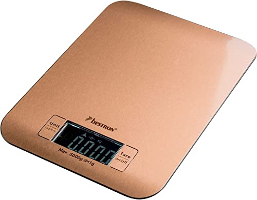 Bestron Küchenwaage, digitale Küchenwaage mit großer LCD-Anzeige, 4 Wiegeeinheiten: Kg, Gramm, Unzen & Pfund, Tragkraft 5 kg, Hohe Präzision auf +/-1g, inkl. Batterie, Farbe: Kupfer