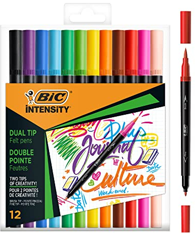 BIC Intensity Filzstifte Set, Dual Tip Brush Pen zum Malen in 12 verschiedenen Farben, mit Pinsel & feiner Spitze