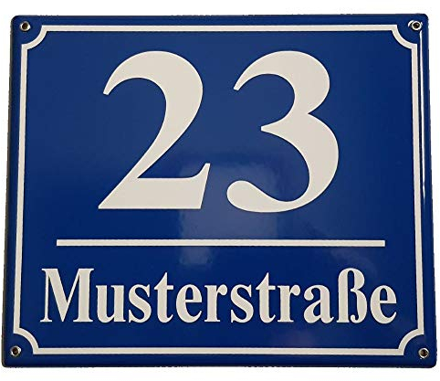 Hausnummernschild - Format 300 x 250 mm - Hausnummer - Emaille - Keramik - Wetterfest - Türschild. Farben: Blau Grün Anthrazit Dunkelblau Weiß Zahl und Straßenname nach Wunsch. J.Pfaffenzeller