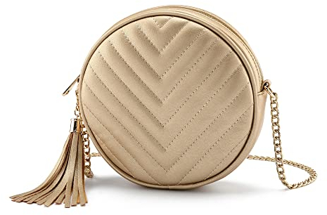 CHIC DIARY Damen Crossbody Tasche Runde Kleine Umhängetasche Schultertasche mit Quaster PU Leder Mode Handytasche