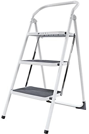 Amig - Escalera Plegable - Taburete de Acero con 3 Peldaños Antideslizantes – Medidas: 72 x 65 x 101 cm - 150 kg - Acabado Blanco con Protectores Negros – para Uso Profesional y Doméstico