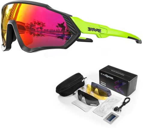 KAPVOE Fahrradbrille 5 Wechselgläser UV400 TR90 Herren Damen K9408 | 5 Gläser: Blau CAT.3 Spiegel Tag, Schwarz polarisiert, Klar Nacht, Gelb Schwachlicht, Silber hell