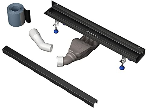 Aquabad Edelstahl Duschrinne mit Wandaufkantung - Slim Wall Schwarz Matt, Länge 80 cm, Komplett Set inkl. Abdeckung Bord, Siphon und Haarsieb