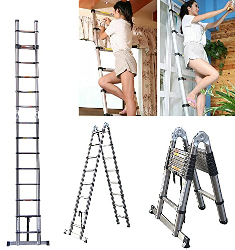 Escaleras Telescópicas, Escalera Plegable de Acero Inoxidable, Escalera Multifunción Extension con Marco en A, Carga Máxima de 150 kg/330 LB, para Decorar, Pintar (2,5m + 2,5m)
