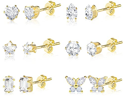 ASH'S CHOICE Pendientes Para Mujer 6 Pares De Pendientes Pequeños Para Cartílago Oreja Clavos Chapados En Plata S925/Oro De 14 Quilates Hipoalergénicos, Adecuados Para Mujeres, Niñas y Hombres