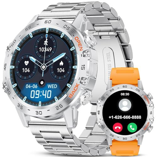 LIGE Military Smart Watch Men Answer/Make Calls,1.39 HD 400mAh Long Battary Fitness Tracker 100+Sports Modes Heart Rate Sleep Monitor,Outdoor Waterproof 2 Straps Smart Watch for Android IOS Silver