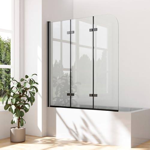 Duschwand für Badewanne 130x140cm Faltbar Duschwand Schwarz 3-teilig Duschabtrennungnaufsatz mit 6mm ESG Sicherheitsglas