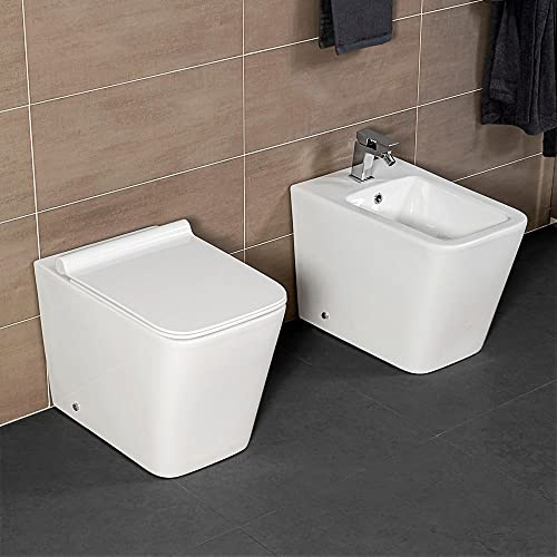 Coppia Sanitari Filo Muro o filoparete Rimless, Bianco, Design squadrato moderno, Completo di Copriwater con Chiusura Soft-Close (Bianco Lucido)
