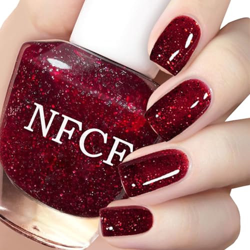 Glitter Nail Polish - Wine Red Burgundy Varnish - Long Lasting Chip Resistant & Quick Drying for DIY Nail Art Manicure at Home