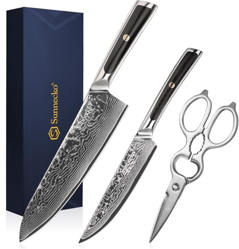 Sunnecko 3PCS Damastmesser Küchenmesser Set Messer Set - Damast Messer Scheren Kochmesser Profi Messerset Damaszener Stahl Küchenmesser Küchenschere Set,vatertagsgeschenk für papa