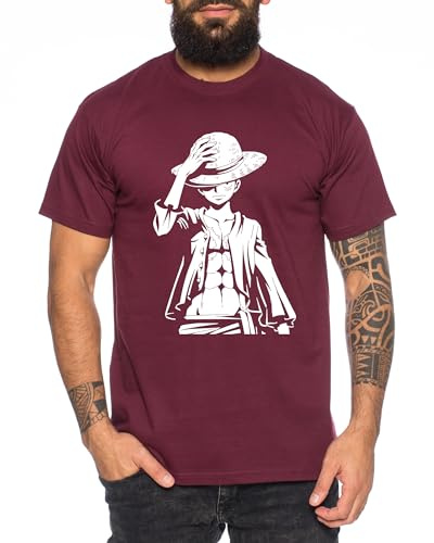 Ruffy Stand - T-Shirt Homme Chapeau de Paille Luffy Zoro One Monkey D. Pirate Ace Piece Goku Anime Ruffy, Taille:3XL, Couleur:Bourgogne