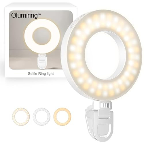 Olumiring Updated Selfie Ring Light 3500K-8500K, Adjustable LED Ring Light with Clips for Phone, Rechargeable Selfie Fill Light for Video Recording, Phone Calls, Video Conferences and Makeup