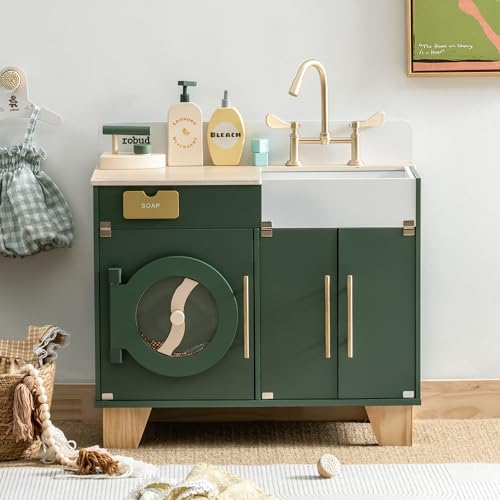 ROBUD Lavatrice Cucina Giocattolo Set per Bambini, Accessori Cucina Giocattolo in Legno Gioco Lavatricecon Suono/Ferro, Giocattoli Realistici Legno Cucina per Bambini per Bambini 3 agli 8 Anni