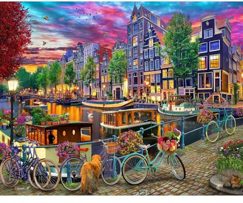Vermont Christmas Company Puzzle « Canal d'Amsterdam » 1000 pièces – Grandes pièces – Entièrement emboîtables et de Forme aléatoire
