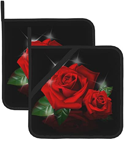 Kochtopf-Set mit roten Rosen, Isolier-Set, bedrucktes Muster, 20,5 x 20,5 cm, quadratisch, Isoliertopf-Set (zweiteiliges Set), Polyester-Material, Isoliertopf-Set