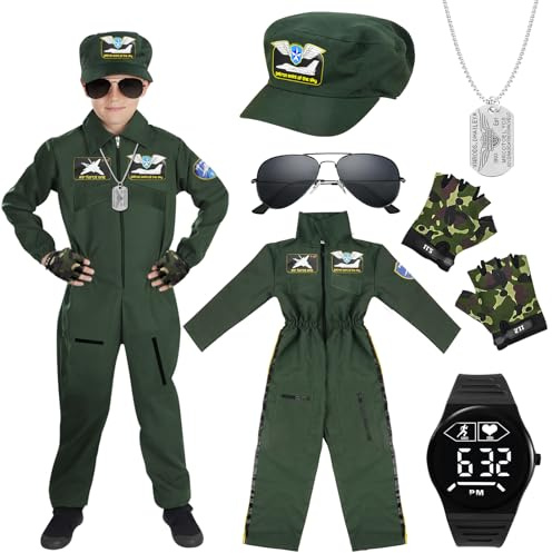 VICTERR Disfraz Piloto Niño, Disfraz de Piloto Niño Disfraz De Piloto De Juego Rol,con Traje de Piloto Sombrero Gafas Guantes Collares Relojes,para Niños Halloween Carnaval Cosplay Fiesta (110-120cm)