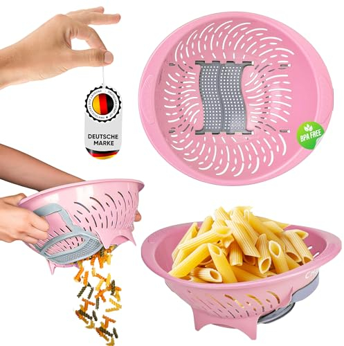WoonFux® Premium Nudelsieb - Spülmaschinenfest - Abtropfsieb BPA-Frei mit seitlichen auslauf griffen - Küchensieb auch als Reissieb geeignet (Rosa)