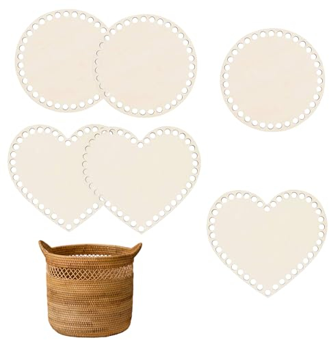 ROSYLEVE 6 Stück selbstgemachte Korbbasis runde und herzförmige Holzkörbe 15/16,5 cm Häkelbaum