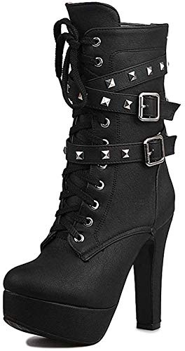 WOOD MEETS COLOR Frauen Herbst Runde Zehe Spitze bis Knöchel Schnalle Chunky High Heel Plattform Ritter Stiefel（Black S-6，38）
