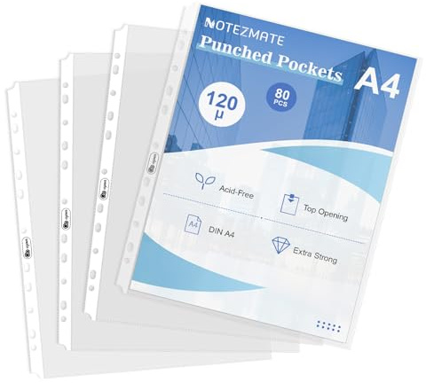 NOTEZMATE 80 Stück Klarsichthüllen A4 Glasklar, Prospekthülle Extra Stark 120 my, Öffnung oben klarsichtfolien A4 Stabil mit 11 Löchern für Aktenordner und Ringbücher, Dokumentenschutz