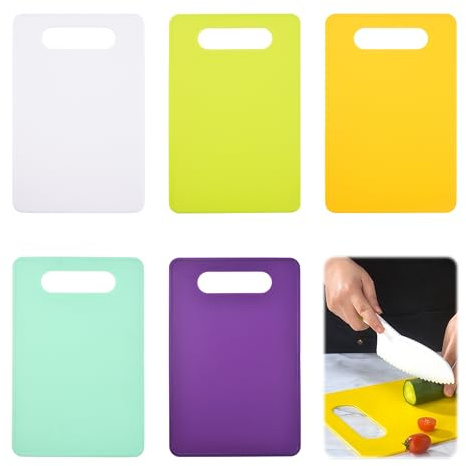 Kunststoff Schneidebrett Rutschfest, 5 Stück Brettchen Spülmaschinenfest BPA-frei, 29x19cm Antibakteriell Schneidebretter Set, Frühstücksbretter Kunststoff für Fisch Gemüse Obst Fleisch Brot