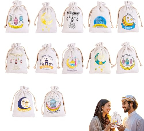 12 Piezas Bolsas Eid Mubarak Decorativas Ramadán, Bolsitas para Regalos - Adornos Decorativos de Saquitos de Pequeñas, Decoración de Bolsas para Celebraciones, Incluye Tela de Saco