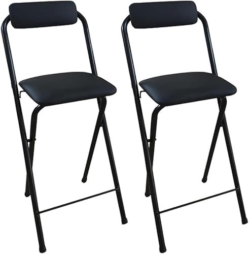 Faltbarer Hocker, tragbar, Thekenhöhe, Klappstühle mit Leder-gepolsterter Rückenlehne und rutschfesten Fußpolstern, Set mit 2 schwarzen Klapphockern (65 cm)