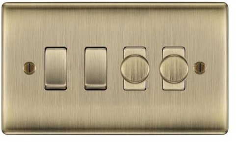 BG Antique Brass 4 Gang Switch 2x Trailing Edge LED Dimmer 2x 2 Way Custom Grid Switch