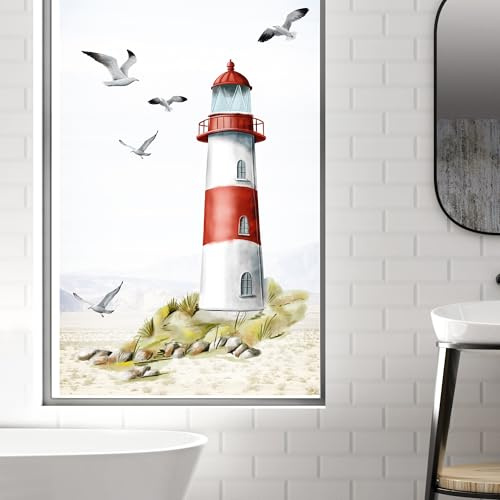 Wandtattoo Loft Fensterbild mit rotem Leuchtturm wiederverwendbar A4 Bogen, Fensteraufkleber Leuchtfeuer maritim rot Ostsee Nordsee Meer Urlaub Fensterdeko Küche Fenstersticker Möwen Warnemünde