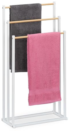 Relaxdays Handtuchständer, HxBxT: 86 x 44 x 21 cm, Metall, 3 Stangen in Holzoptik, stehender Handtuchhalter, weiß/Natur