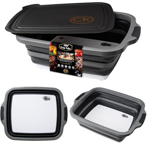 CK GOLD New XL Collapsible BBQ Prep Tub with LOCKING Lid, Cutting Board & Drain Hole | BPA-Free, Food-Grade, Space-Saving Prep Tubs for Marinating, Grilling, Camping & Outdoor Cooking (Black, 16L)