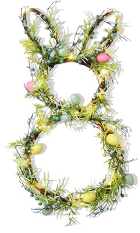 Easter Wreath, Easter Bunny Wreaths for Front Door with LED Lights, Artificial Bunny Wreath Decorations for Window Wall Home Party Spring Wreath Decoration