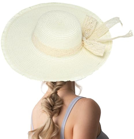 7VSTOHS Chapeau de Soleil pour Femme Chapeau de Paille Pliable avec Nœud Papillon à Large Bord, Ajustable, Casquette de Plage D'été, Protection Contre Les UV UPF50+