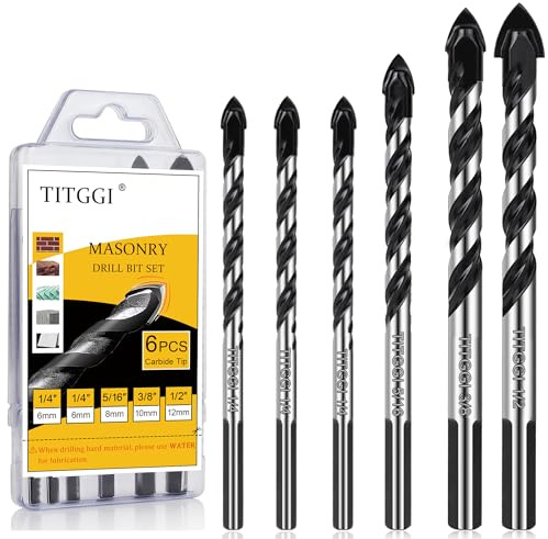 6PCS Masonry Drill Bit Set & Concrete Drill Bit Set 1/4-1/2 Industrial Strength Carbide Drill Bit Tip for Glass/Brick/Plastic/Cement/Wood/Tile/Etc, by TITGGI
