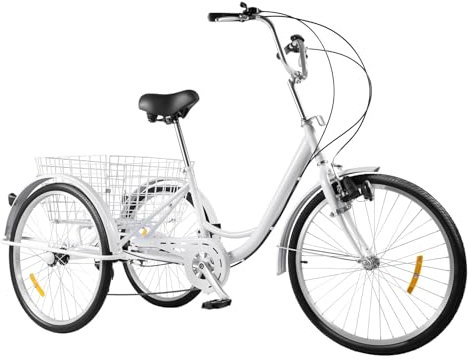KAPIPALA 24 Zoll Dreirad für Erwachsene, 3-Rad-6-Gang-Fahrräder mit Ablagekörbe, Lichtern und Reflektoren Ausgestattet, Einstellbare Lenkerhöhe, V-Typ-Vorderradbremse, Städtisches Dreirad für Ältere