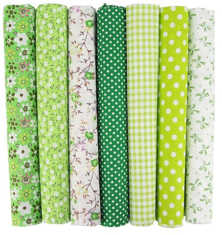 7er Set Baumwollstoff 50x50cm – Stoffe zum Nähen, Patchwork Stoffe, Stoffreste – DIY Stoff für Basteln, Quilten, Deko & Puppenkleidung – 100 % Baumwolle, Verschiedene Designs (Grün, 50x50cm)